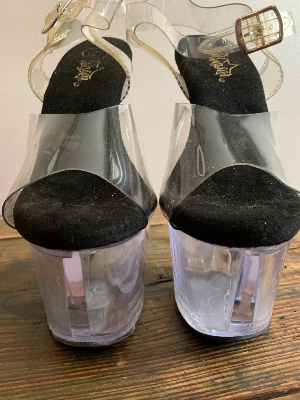 Pleaser Clear black & Gold padded Stripper heels